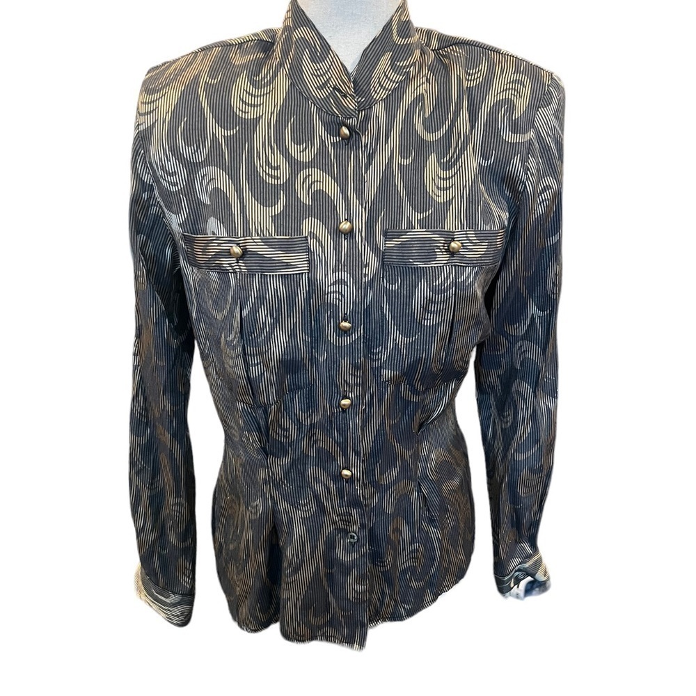 VTG Liz Claiborne Striped Brown Metallic Gold Button Blouse Sz 4 Corporate Boss